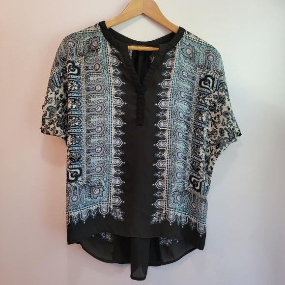 Rose an Olive Blue and Black Print Boho Blouse Size S - Picture 1 of 3
